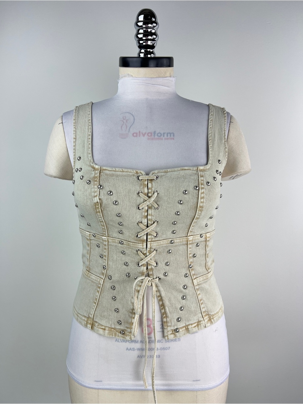 💚 3635. Studded Lace-Up Denim Bustier Top in Light Beige Wash